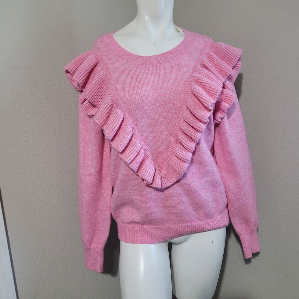 Entro Anthropologie Medium sweater sweatshirt ruffle pink round neck